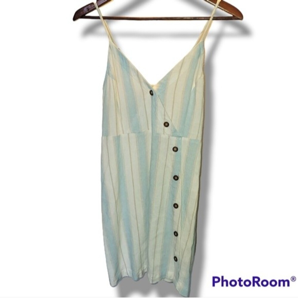 J for Justify Coastal Jewell Summer Linen Boho Blue White Stripe Mini Dress M